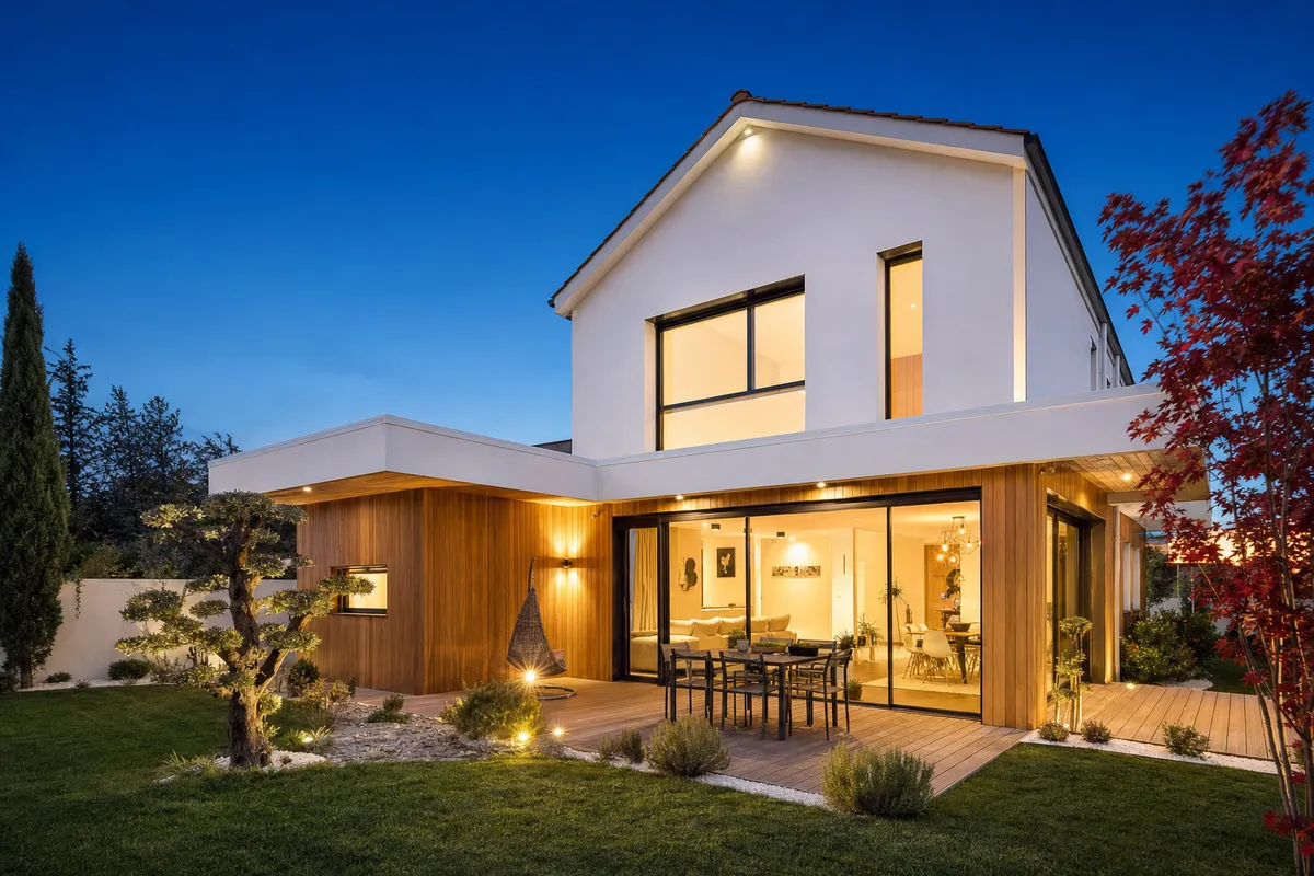 Maison contemporaine avec jardin paysager en soirée